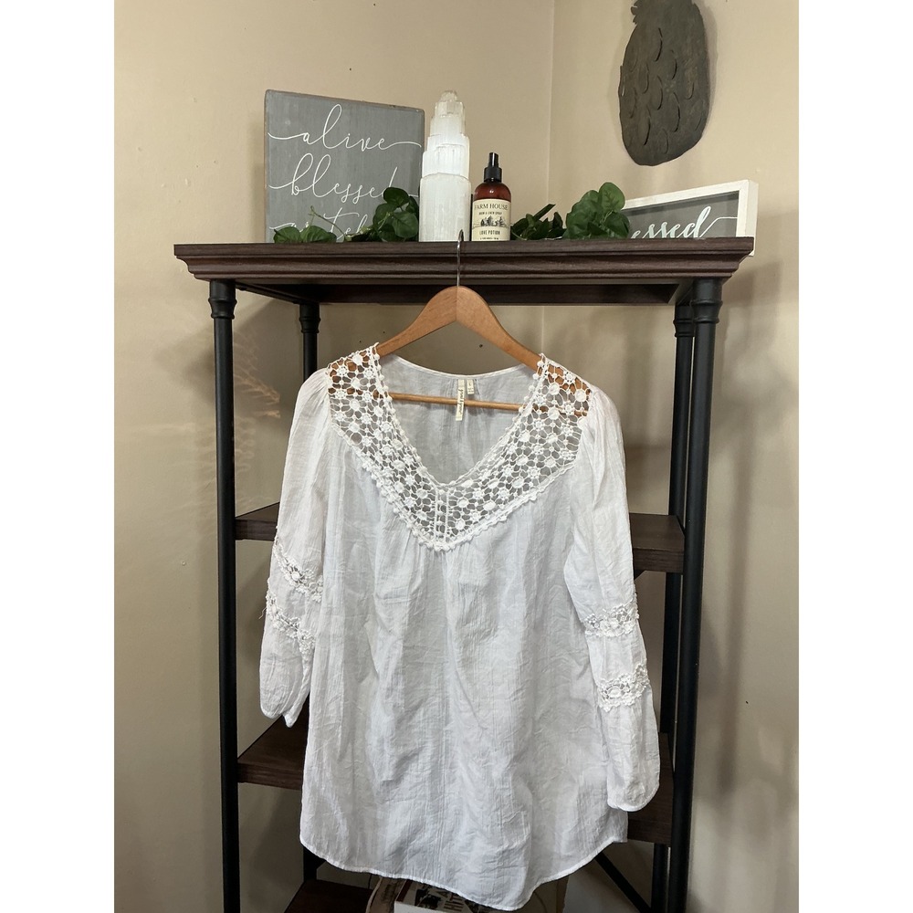 Grand & Greene White Gauze Crochet Lace V-Neck Peasant Blouse Large Boho Top